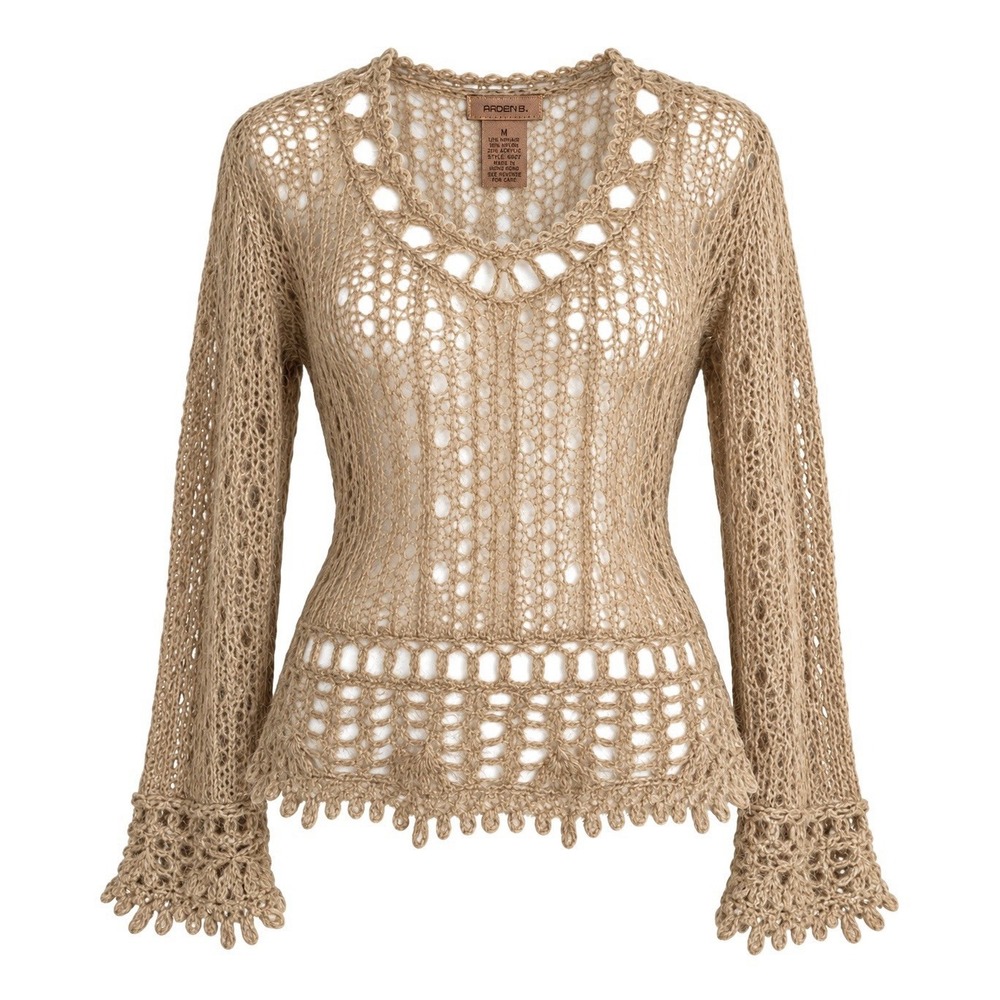 Vintage 90s Arden B Tan Open Knit Crochet Mohair Sweater Forest Fairy Grunge M